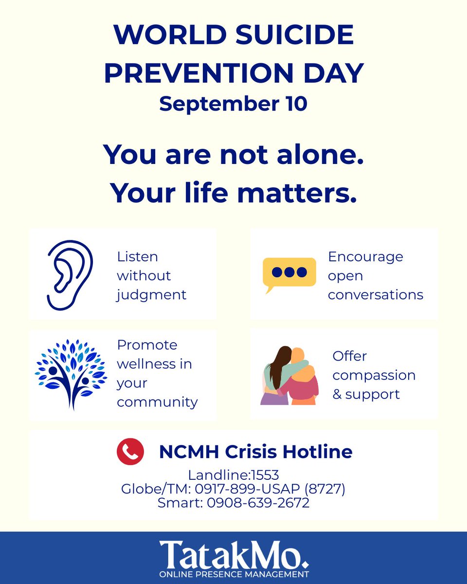 💙 Today is #WorldSuicidePreventionDay.

Let’s break the stigma and remind each other:
✨ You are not alone
✨ Your life matters
✨ Help is always within reach

Together, we can create hope. 🌿

#MentalHealthAwareness #SuicidePrevention