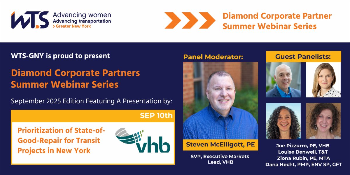 Join us for the next installment of the WTS Greater New York Chapter's Diamond Corporate Partner Summer Webinar Series featuring VHB!

Date: September 10, 2025
Time: 12-1pm ET
Virtual (Microsoft Teams)

Register here: lnkd.in/eQFQjM_B

#WTSGNY #WomenInTransportation