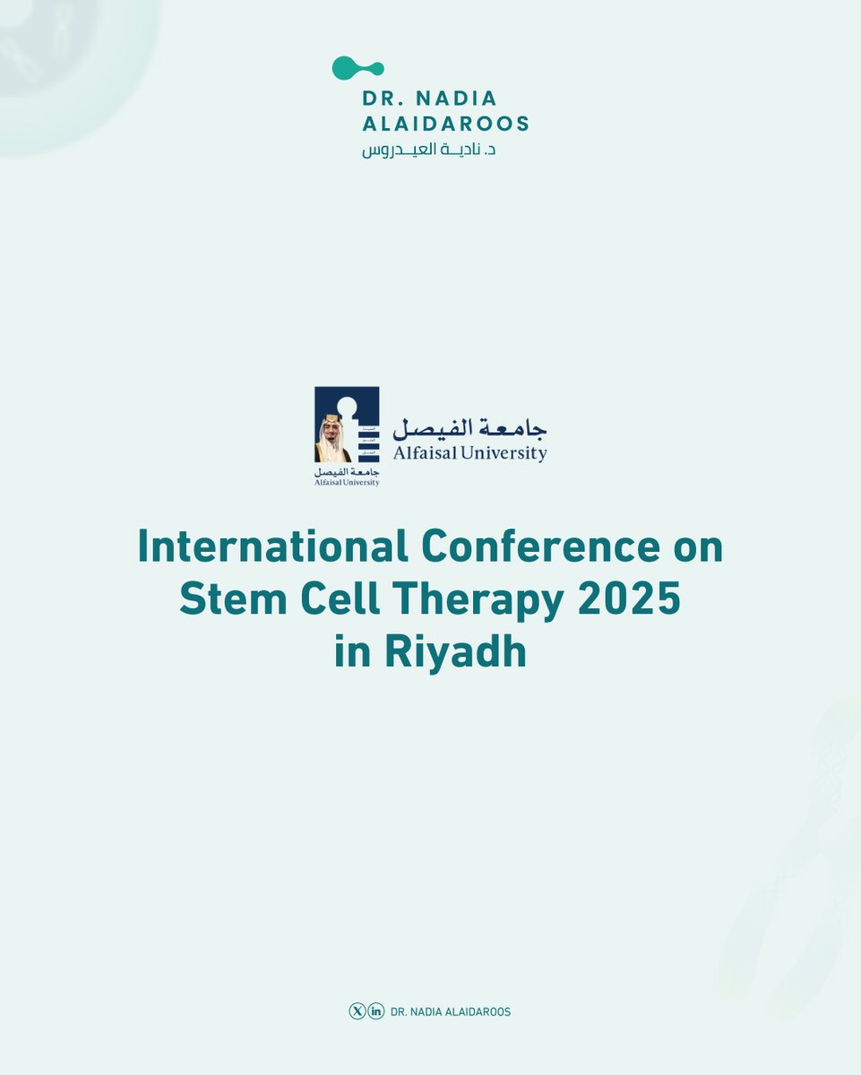 DrAlaidaroos's tweet photo. بودي أن أشارككم خبر استضافة جامعة الفيصل للمؤتمر الدولي لعلاج الخلايا الجذعية 2025 في الرياض، خلال الفترة 26-27 سبتمبر، حيث سيكون المؤتمر ملتقى محوري يُسلط الضوء على أحدث التطورات في العلاج الخلوي والجيني، والتقنية الحيوية، والاتجاهات العالمية في أبحاث الخلايا الجذعية.

✦ سيخوض نخبة من الخبراء العالميين نقاشاتٍ مثرية حول ترخيص خدمات الخلايا الجذعية، وتطورات علم الجينوم، والعلاجات الواعدة لمكافحة الشيخوخة، وإمكانية إطالة العمر البشري باستخدام الخلايا الجذعية.

✦ سيتضمن البرنامج تقييم التطبيقات الحالية لعلاج الخلايا الجذعية في المملكة واستكشاف آفاقها المستقبلية - بدءًا من الدراسات الآلية وصولًا إلى فحص الأدوية باستخدام نماذج الخلايا الجذعية الجنينية عالية الإنتاجية.

https://t.co/mAe7GC3fnZ

#StemCell #الطب_التجديدي #صحة_السعودية_2030 #التقنية_الحيوية_

I would like to share that -  @Alfaisaluniv  - Alfaisal University will host the International Conference on Stem Cell Therapy 2025 in Riyadh, taking place September 26–27.
This conference promises to be a pivotal gathering, spotlighting the most recent advances in cell and gene therapy, biotechnology, and global stem cell research trends.

✦ Renowned experts will lead discussions on licensing for stem cell services, advances in genomics, potential anti-aging treatments, and whether stem cells can extend human lifespan.

✦ The program will also evaluate current stem cell therapy applications in Saudi Arabia and explore future prospects—from mechanistic studies to drug screening using high-throughput embryonic stem cell models. 

https://t.co/mAe7GC3fnZ

 #الطب_التجديدي #صحة_السعودية_2030 #التقنية_الحيوية_
#StemCell #RegenerativeMedicine #SaudiHealth2030 #Biotech2025