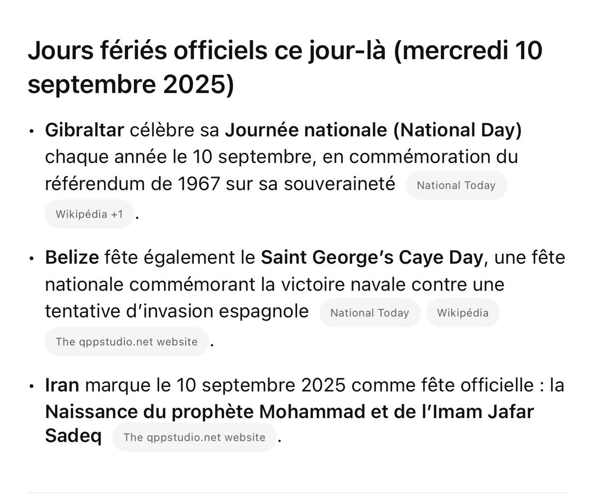 3 choix de pays où le 10 septembre est férié : Gibraltar, Bélize ou Iran. 

N’hésitez pas à y aller, on ne vous retient pas :)
