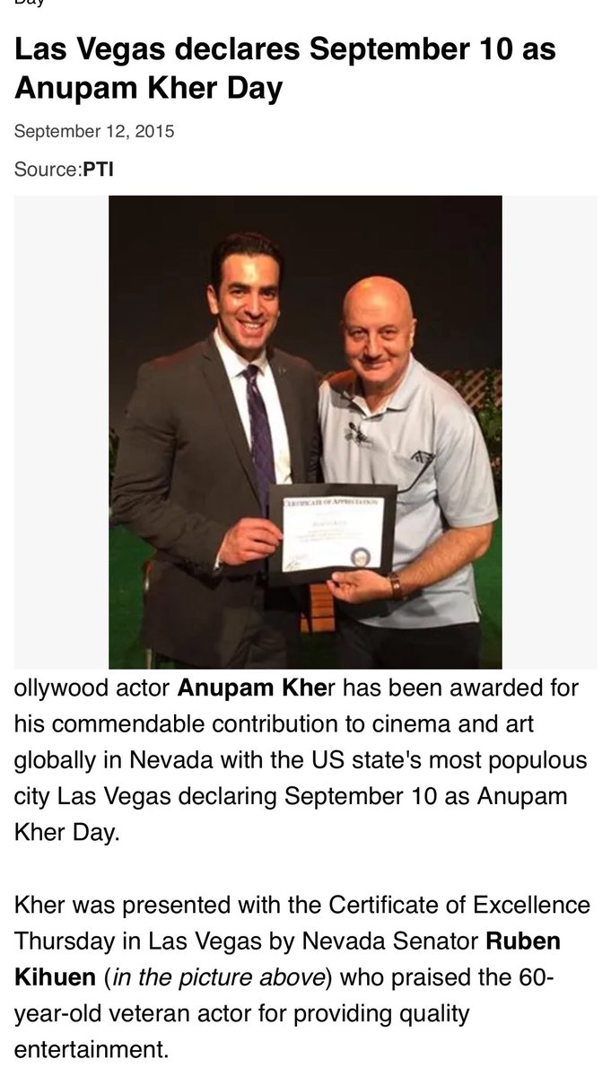 AnupamPKher's tweet photo. 10th ANUPAM KHER DAY AT LAS VEGAS: Ten years back it was today, Las Vegas city in America dedicated 10th of September to me and called it #AnupamKherDay. From the small paths of Shimla to this day life has come a long way. That’s why I always keep repeating #KUCHBHIHOSAKTAHAI Jai Ho! ❤️😎😜 @actorprepares