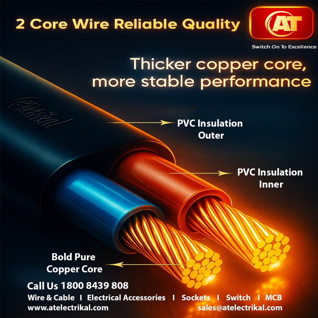 ATELECTRIKAL's tweet image. AT 2 Core Wire – bold pure copper core with PVC insulation for stable performance and long-lasting safety. Choose trusted quality today! 📞 1800 8439 808 🌐 atelectrikal.com
#ATKabel #2CoreWire #CopperCore #ReliableQuality #StablePerformance #DurableWires #SafeConnections