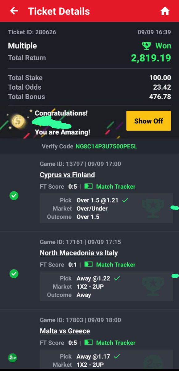 unchainedhumane's tweet image. Thank you @mrbayoa1 
I played with the last ₦100 I had in my sportybet account and I won.
I am grateful sir.
Bless you @mrbayoa1