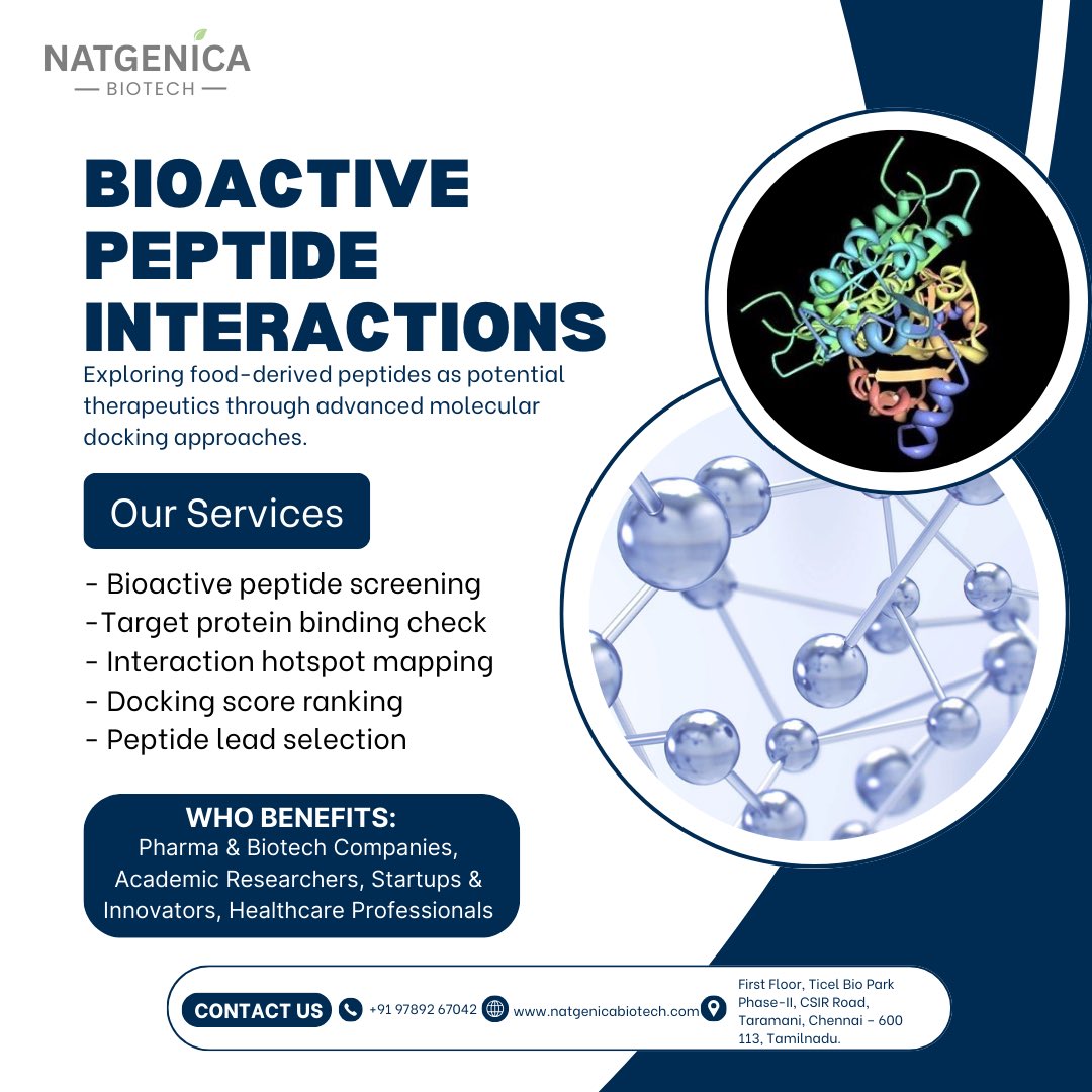 🔬 Unlocking the future of therapeutics with Bioactive Peptide Interactions!
.
.
Follow <a href="/natgenica/">Natgenica Biotech</a> for more! 
.
#natgenicabiotech #Biotechnology #computationalbiology #bioinformatics #enquire #molecularbiology #microbiology #trending  #biotechcompany #biotechcompanychennai #India