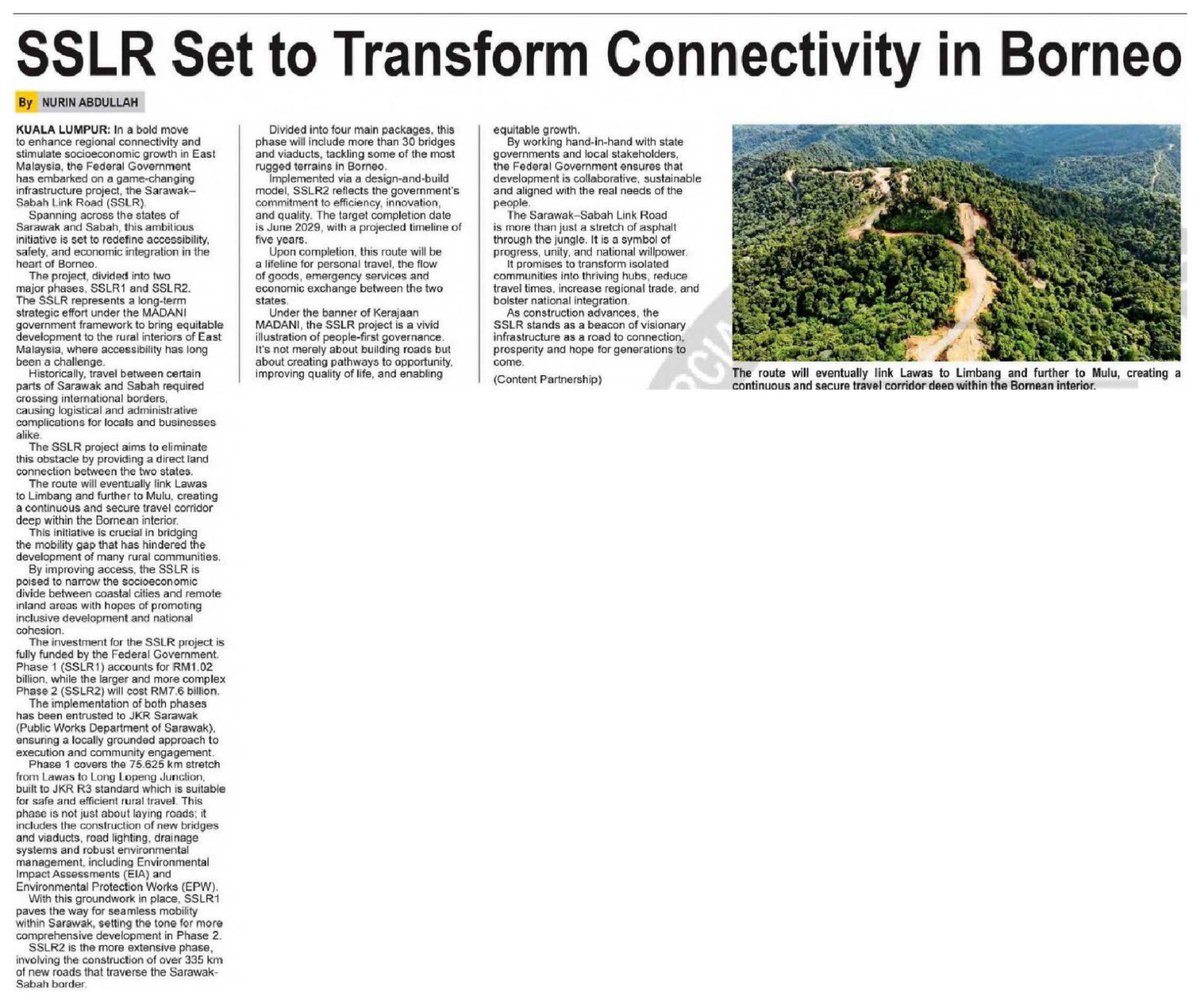 ahmadmaslan's tweet photo. https://t.co/txePrQHiL8
Projek SSLR bakal rapatkan jurang pembangunan pedalaman Borneo
https://t.co/4cDdGnsmgF

#BorneoPost
SSLR set to transform connectivity in Borneo.

https://t.co/a9ydtfvt46

Pelancaran oleh #PMX 11/9/25 di #Limbang #Sarawak. Hadir Premier &amp; Menteri #KKR. https://t.co/BHy2Iw8HAN