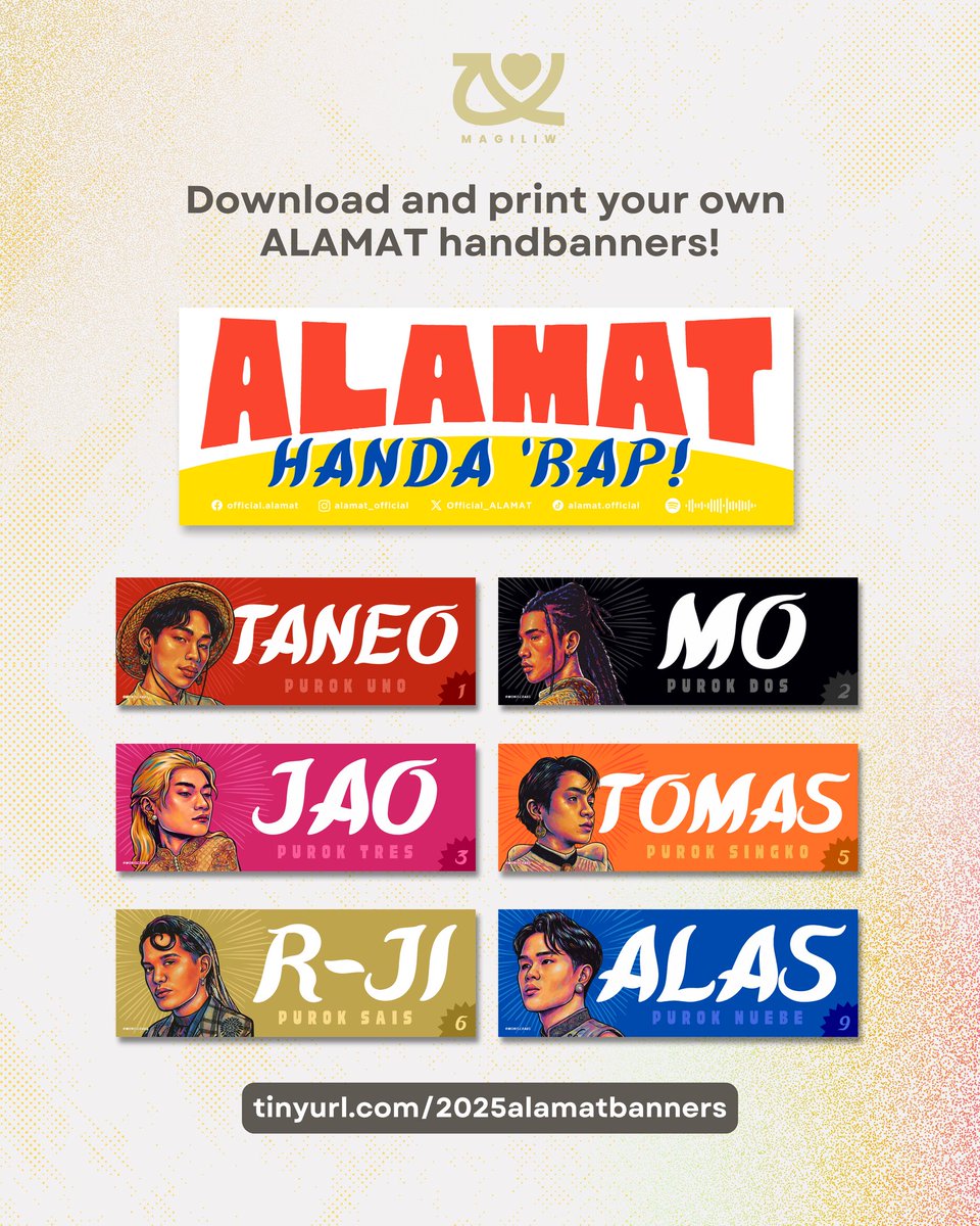 Magiliw, handa 'rap! ❤️🖤💖🧡❤️‍🔥💙
Maging laging handa para sa lahat ng ganap ng ALAMAT with your own ALAMAT handbanners! ✨

Download and print here:
tinyurl.com/2025alamatbann…

Maraming salamat muli kay <a href="/moniscrabs/">maarte⁷🇵🇭|✨</a> para sa kasmalang pagguhit sa mga 6inoo!

#MagiliwBayanihan
#ALAMAT