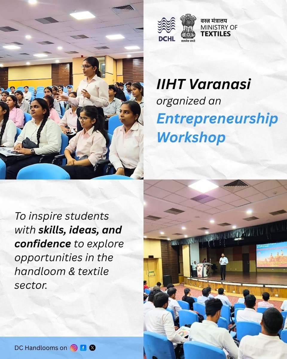 dchandlooms01's tweet photo. Empowering future entrepreneurs!
IIHT Varanasi organized an Entrepreneurship Workshop to inspire students with the skills, ideas, and confidence to explore new opportunities in the handloom & textile sector.
#myhandloommypride #dchandlooms #iiht #training #workshop #handlooms https://t.co/iYtNq8pLK0