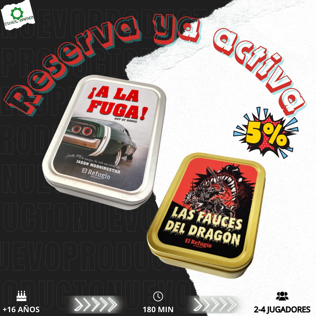 Turol Games (@turolgames) on Twitter photo Rol en Caja Metálica <a href="/elrefugioedit/">El Refugio Editorial</a> 
A la Fuga juego de rol en vivo sobre criminales desesperados en un viaje en coche a ninguna parte.
Las Fauces del Dragon juego de rol de mazmorreo clásico.
👇Resérvalos en el link👇
turolgames.com/es/juegos-de-r…
turolgames.com/es/juegos-de-r… Rol en Caja Metálica <a href="/elrefugioedit/">El Refugio Editorial</a> 
A la Fuga juego de rol en vivo sobre criminales desesperados en un viaje en coche a ninguna parte.
Las Fauces del Dragon juego de rol de mazmorreo clásico.
👇Resérvalos en el link👇
turolgames.com/es/juegos-de-r…
turolgames.com/es/juegos-de-r…