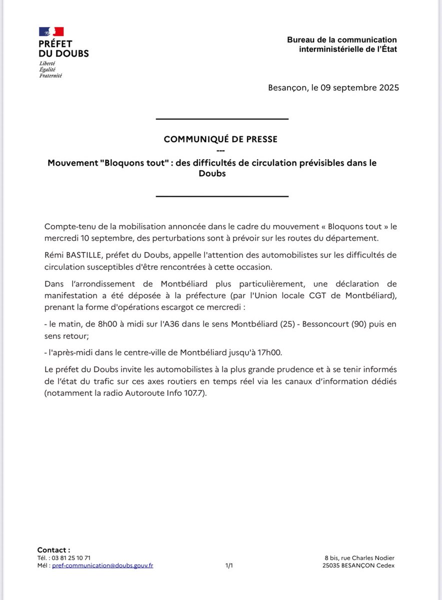 📌Communiqué de presse de la préfecture du #Doubs concernant le mouvement « Bloquons tout » du #10septembre2025 ⬇️