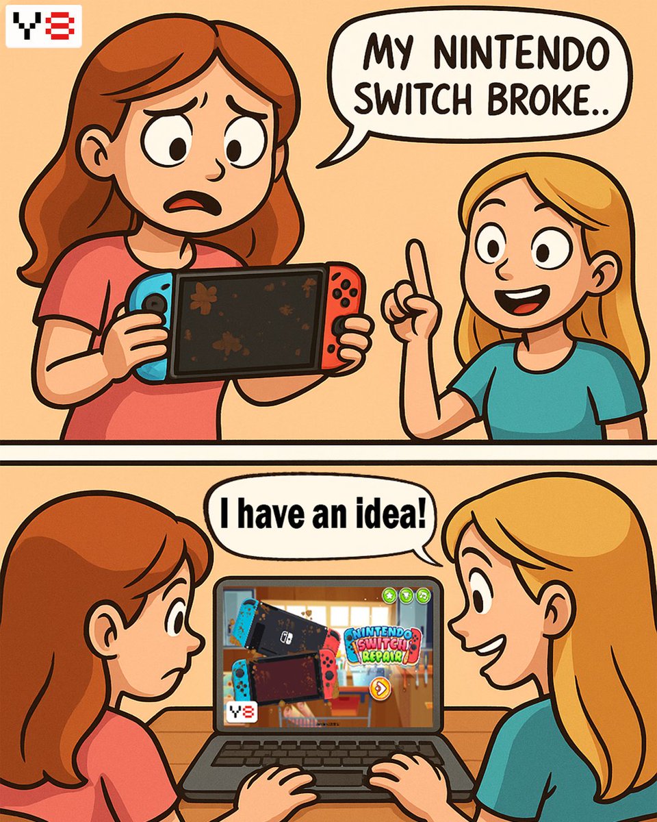y8_com's tweet image. When your Nintendo Switch is broken, but your friend’s solution is… playing Nintendo Switch Repair on Y8 ❤️
Play now - y8.com/games/nintendo…

#Meme #Y8 #GamingHumor #FunnyGames #NintendoSwitchRepair #GamersLife #FreeGame #OnlineGame