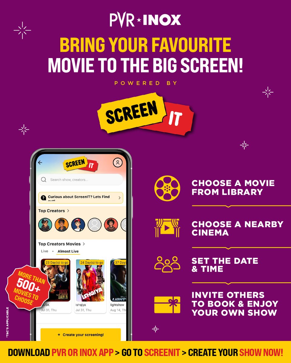 _PVRCinemas's tweet image. Why wait around for the “perfect showtime” when you can create your own? ⏰✨
With #ScreenIT, the power is in your hands — choose the movie you love, set the time that works for you, gather your friends or family, and let the magic unfold on the big screen. 🎬🍿
It’s not just a…