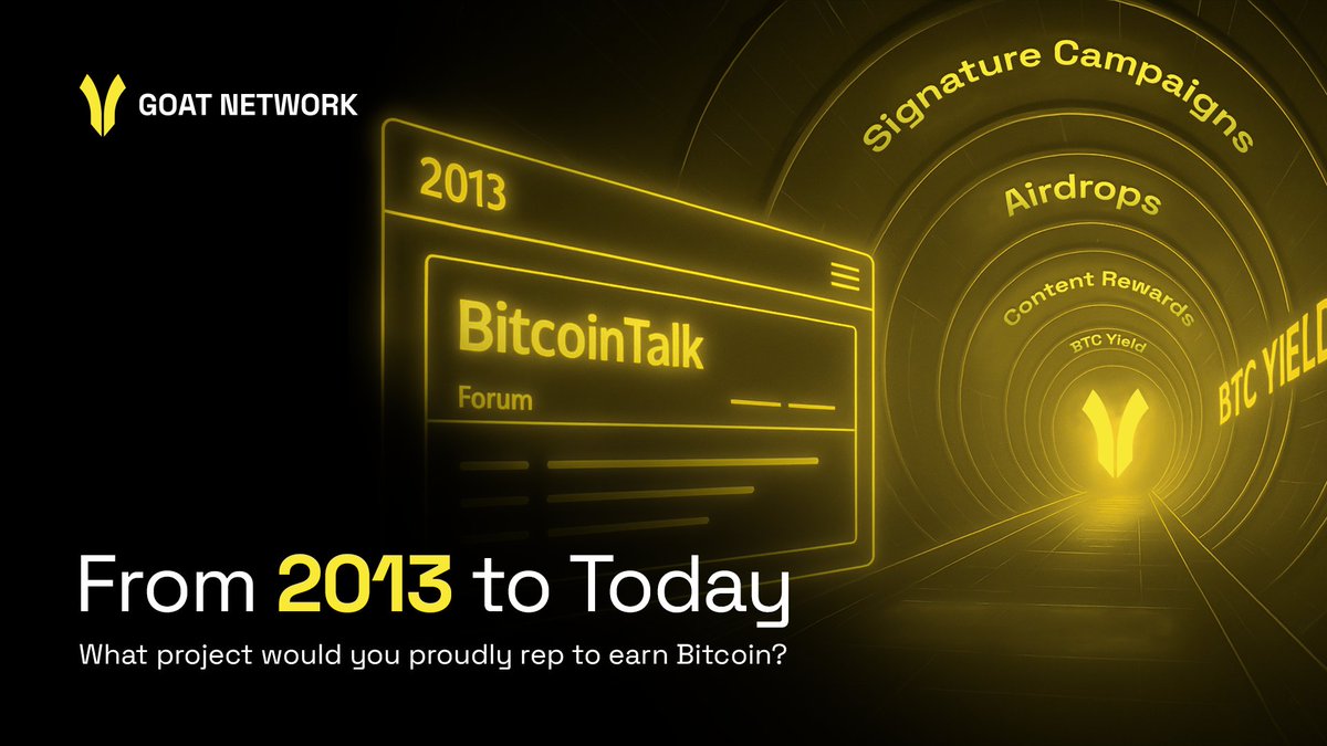 GOATNetwork's tweet photo. 2013 was the year forums became marketplaces of attention. On BitcoinTalk, Signature Campaigns appeared between August and September. The concept was direct. Members placed project ads in their post signatures. They then earned Bitcoin based on how much and how well they participated.

Every week payments were sent. Post more, earn more. Rank higher, earn higher. Quality mattered, and spammers were banned. Suddenly forum participation was not only conversation but income.

For many, this was the first experience of "get paid in BTC for online activity." It created grassroots evangelists who carried messages far and wide.

From this model grew many of the incentive schemes we see today, from token airdrops to content rewards. The idea that community labor equals ecosystem growth started here.

Imagine a modern version of signature campaigns. What project or message would you proudly display to earn #BTC today?
🔸GOAT Network Yapper Leaderboard https://t.co/1rlvRScESj