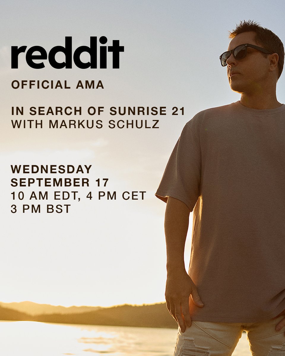 .<a href="/MarkusSchulz/">Markus Schulz</a> ISOS21 AMA 🚨
Join us on Reddit, Sept 17 at 10 AM EDT / 4 PM CET / 3 PM BST. Ask Markus &amp; the Black Hole crew anything about In Search Of Sunrise 21. 4 best questions win a Vinyl/CD combo! reddit.com/r/BlackHoleRec…
