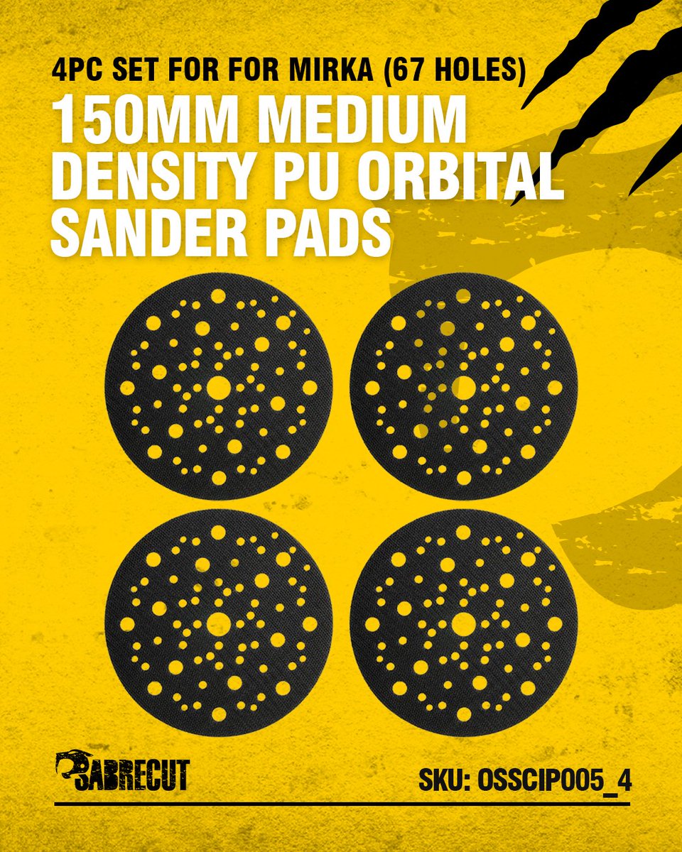 SabreCut_'s tweet image. 🎯 Upgrade your sanding game.
4-pc 150 mm PU Interface Pads — flexible, 67-hole Mirka-compatible cushioning for smooth, precise sanding.
What tricky surface did YOU have to sand? Tell us below! ⬇
#SabreCutTools #SandingTools