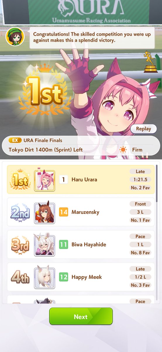 Just won the URA Finale with her. First time winning with her after I failed twice before. We all shall miss you, Haru Urara 🐎 🌸 

#umamusume #uraraharu #umamusumeprettyderby