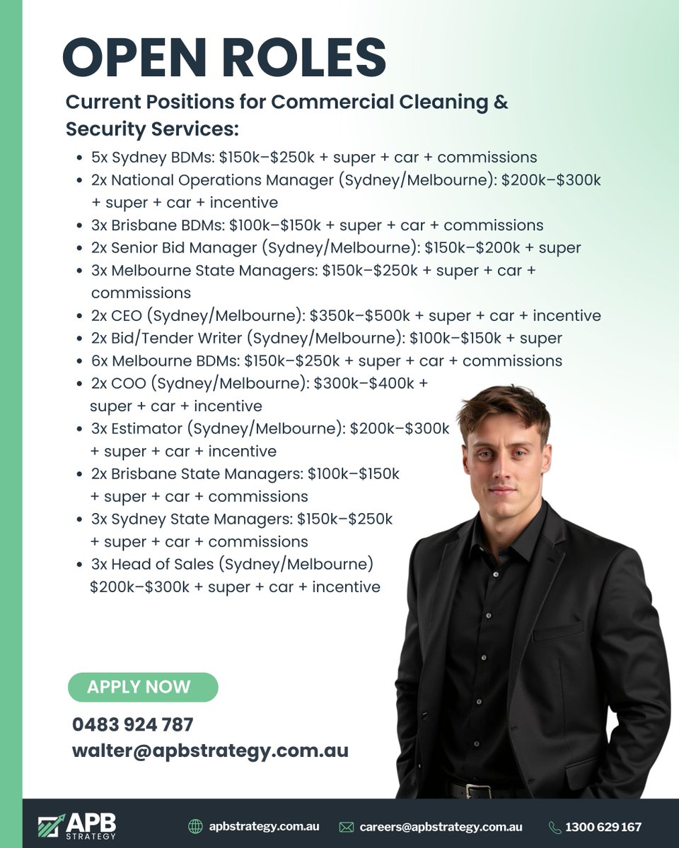 APBStrategy's tweet image. Whether you’re ready to step into leadership or looking for flexibility with room to grow, this is your chance to make an impact in two booming industries.

📞 0483 924 787

#FutureFocused #CareerGrowth #CommercialCleaning #SecurityCareers #LeadershipOpportunities #APBStrategy