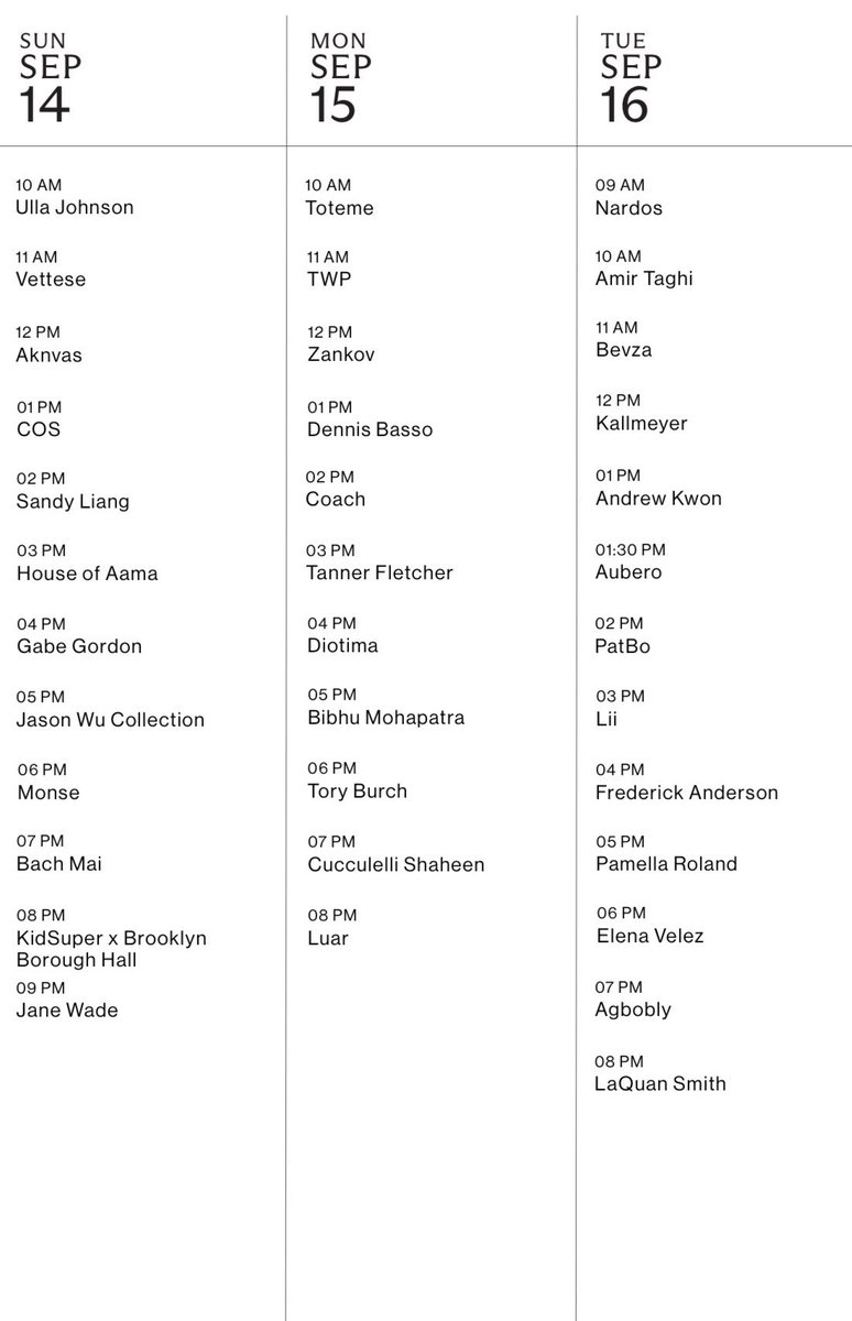 pradapearll's tweet image. the fashion month officially starts tomorrow with new york fashion week so here’s the calendar!! 🎀