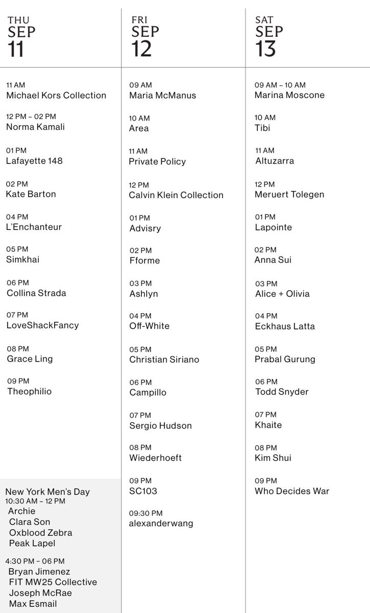 pradapearll's tweet image. the fashion month officially starts tomorrow with new york fashion week so here’s the calendar!! 🎀