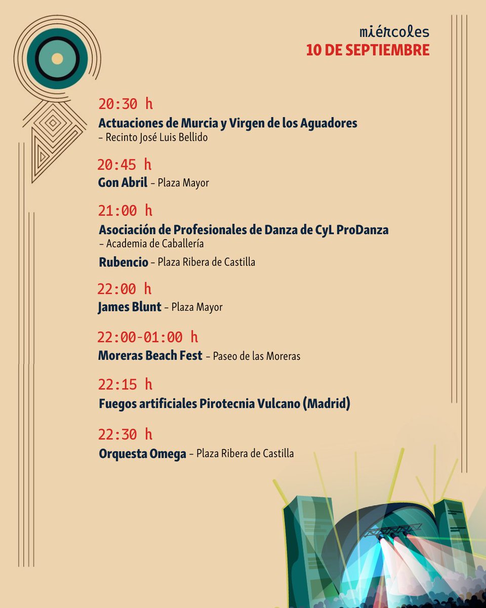 Comenzamos el 6️⃣ día de la Feria y Fiestas de la Virgen de San Lorenzo.

Una jornada marcada por la música: actuaciones en los centros cívicos y residencias de la ciudad y el concierto de <a href="/raul_olivar/">Raul Olivar</a>.

Para terminar el día, <a href="/gonabril_/">Gon Abril</a> a las 20:30 h y @jamesblunt a las 22:00 h.