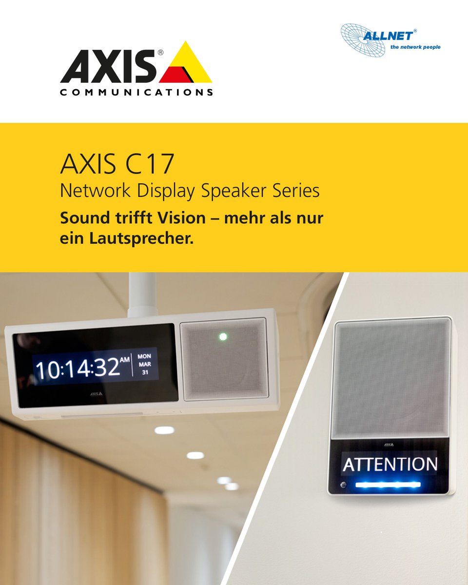 ALLNET (@allnetgmbh) on Twitter photo Kennen Sie das? In einer lauten Umgebung hört man eine Lautsprecherdurchsage, versteht aber nicht, worum es geht? 📢
Damit ist jetzt Schluss. Die AXIS C17 Network Display Speaker Serie von <a href="/Axis_DACH/">Axis Communications</a> vereint Licht, Ton und relevante Infos in einem: ➡️ bit.ly/41xn3Ii Kennen Sie das? In einer lauten Umgebung hört man eine Lautsprecherdurchsage, versteht aber nicht, worum es geht? 📢
Damit ist jetzt Schluss. Die AXIS C17 Network Display Speaker Serie von <a href="/Axis_DACH/">Axis Communications</a> vereint Licht, Ton und relevante Infos in einem: ➡️ bit.ly/41xn3Ii
