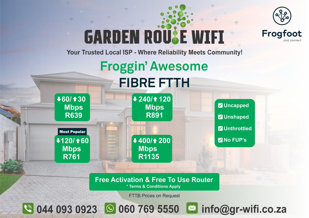 FFFibre's tweet photo. Fast fibre. Local support. @wi_route is proud to bring you uncapped, reliable fibre โ powered by Frogfoot. No fair usage policies. No throttling. Just internet that works, the way it should. Sign up today! ๐ธ https://t.co/ROBPgnxK5r #GardenRouteWiFi #Frogfoot #RealFibre #NoLimits https://t.co/Obj8CgvgSj