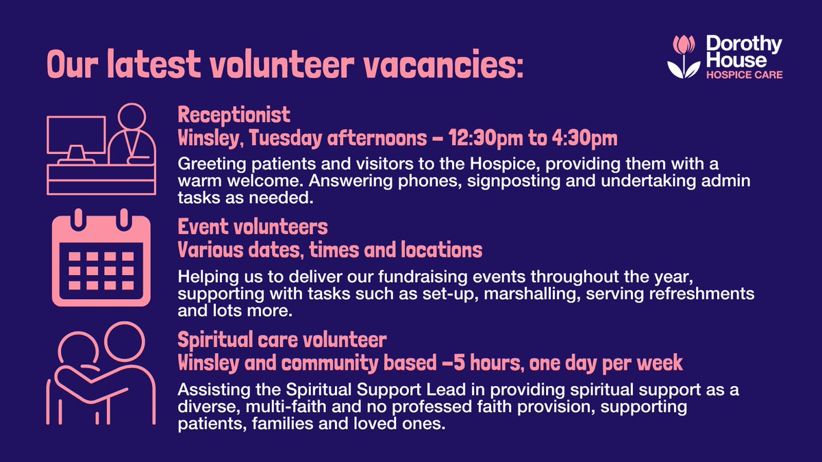DorothyHouseHC's tweet photo. Can you spare a few hours a week to support your local hospice? We've got lots of different volunteer roles available, both here at the Hospice and out in the community - check out some of our most recent additions! https://t.co/CDJ8WToQ0N #Volunteer #GiveBack #CharityVolunteers https://t.co/R6XSP3tpuP