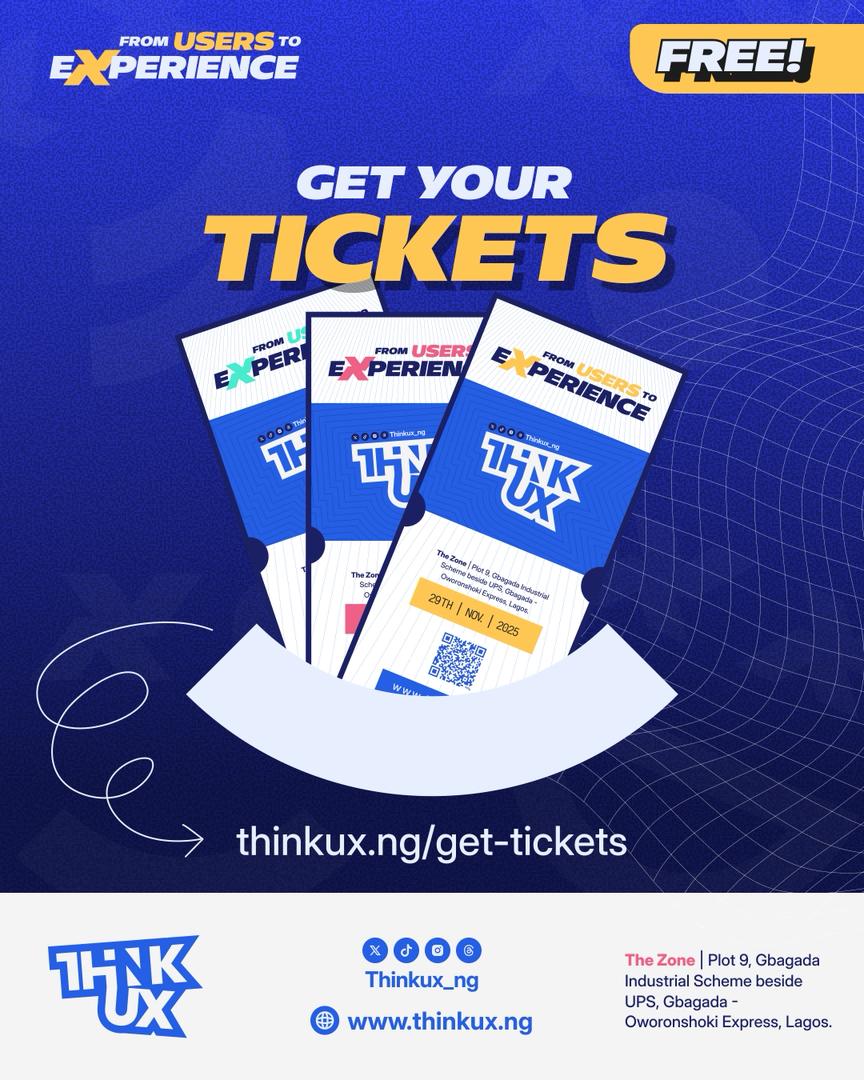 Get a seat for yourself at the biggest UX event this November.

The interesting part? Tickets are totally FREE!

Visit thinkux.ng/get-tickets/ to grab yours NOW!

#usertoexperience #ux #uxdesign #productdesign #designevent #tech #thinkUX