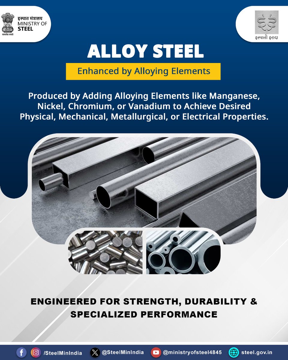 SteelMinIndia's tweet image. Alloy Steel is steel with purpose. By adding elements like chromium, nickel, or vanadium, it’s engineered for strength, durability, and special applications.

#SteelSimplified #AlloySteel #SmartStrength #EngineeredSteel