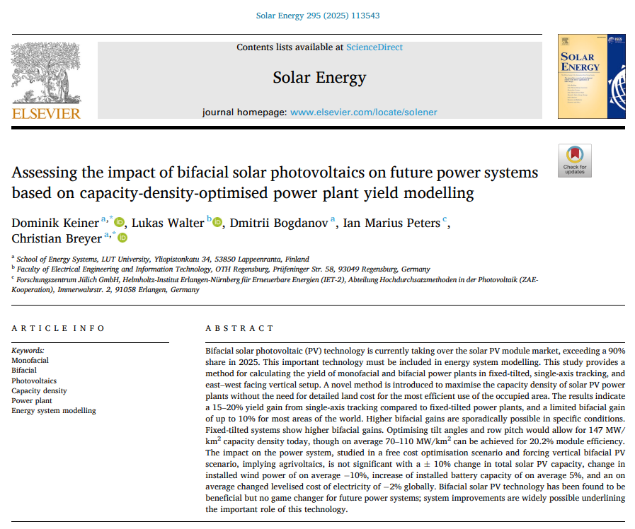 1/ New research @lut.fi @dominikkeiner.bsky.social doi.org/10.1016/j.ener… on bifacial solar PV presents a novel investigation of the yield modelling, power system impact of its large-scale adoption and capacity-density optimisation.