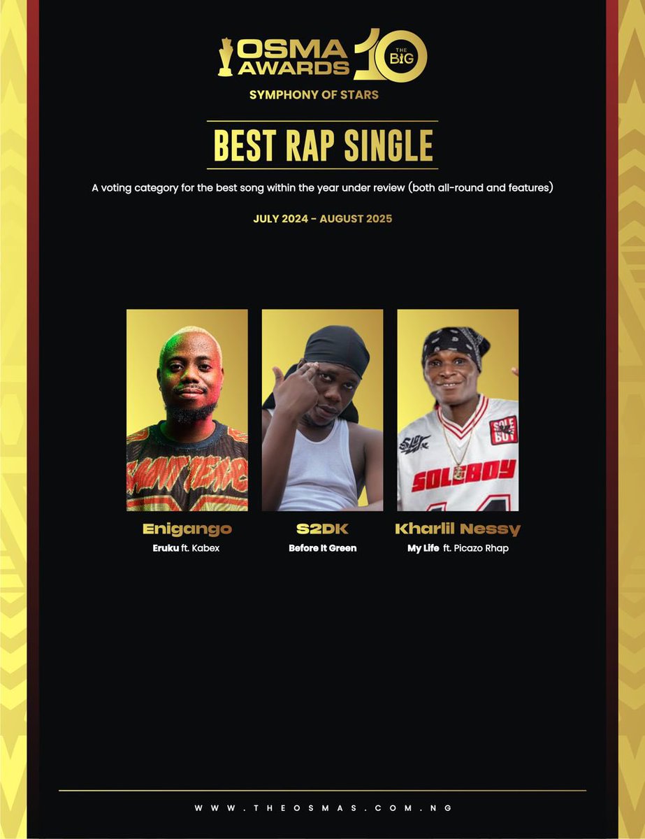 the_osmass's tweet photo. BEST RAP SINGE

A voting category for the best rap song within the year under review (both all-round and features)
 
- Eruku – Enigango ft. Kabex
- Before It Green – S2DK
- My Life – Kharlil Nessy ft. Picazo Rhap

#theosmas https://t.co/DR9HCYQHrS