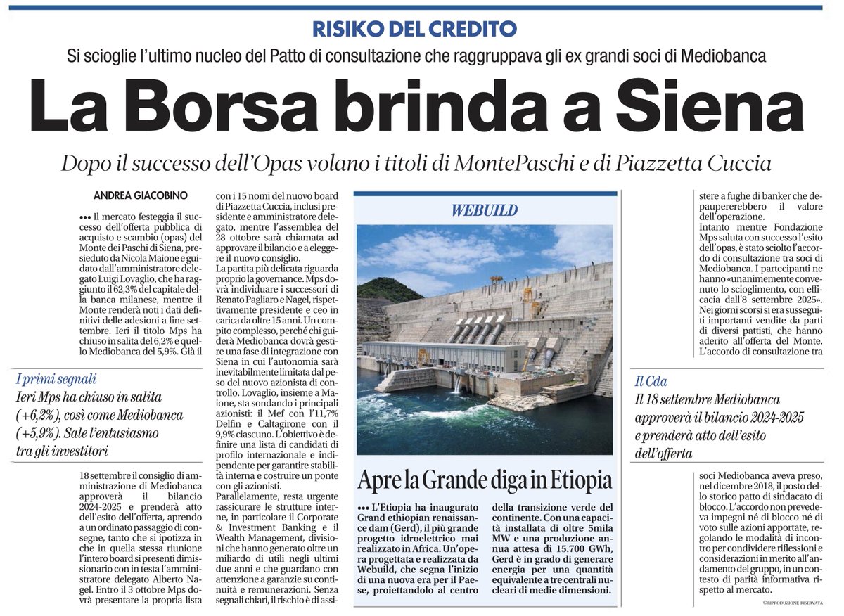andreagiacobin1's tweet image. La Borsa brinda a Siena. Su Il Tempo 10/09/25. #Borssaitaliana @Banca_MPS @mediobanca #opas @tempoweb