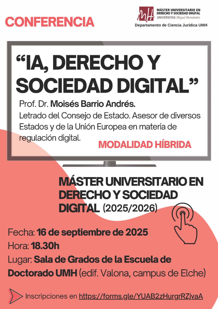 El próximo martes, 16 de septiembre a las 18:30 en el edificio La Valona, comienzan las actividades del MADESOD UMH‼️
Contaremos con el Dr. Moises Barrio Andrés, letrado del Consejo de Estado y asesor de la UE en materia de regulación digital.
Inscripción:
lnkd.in/dg2N4G3H