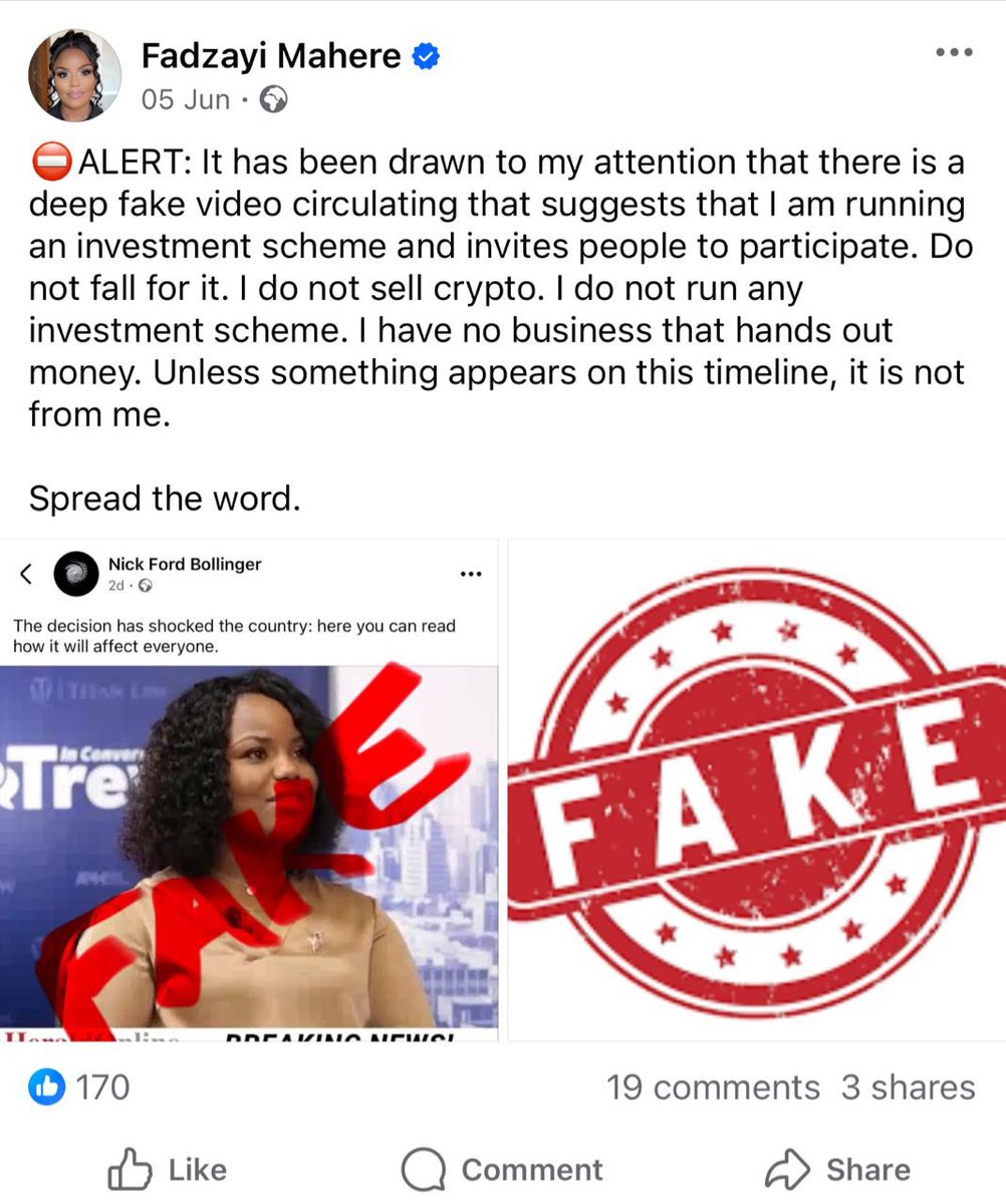 🔸Good day @Meta, I have sent numerous reports about an investment scam  being run in my name using multiple fake accounts on @facebook. The  perpetrators use a deepfake video of my voice