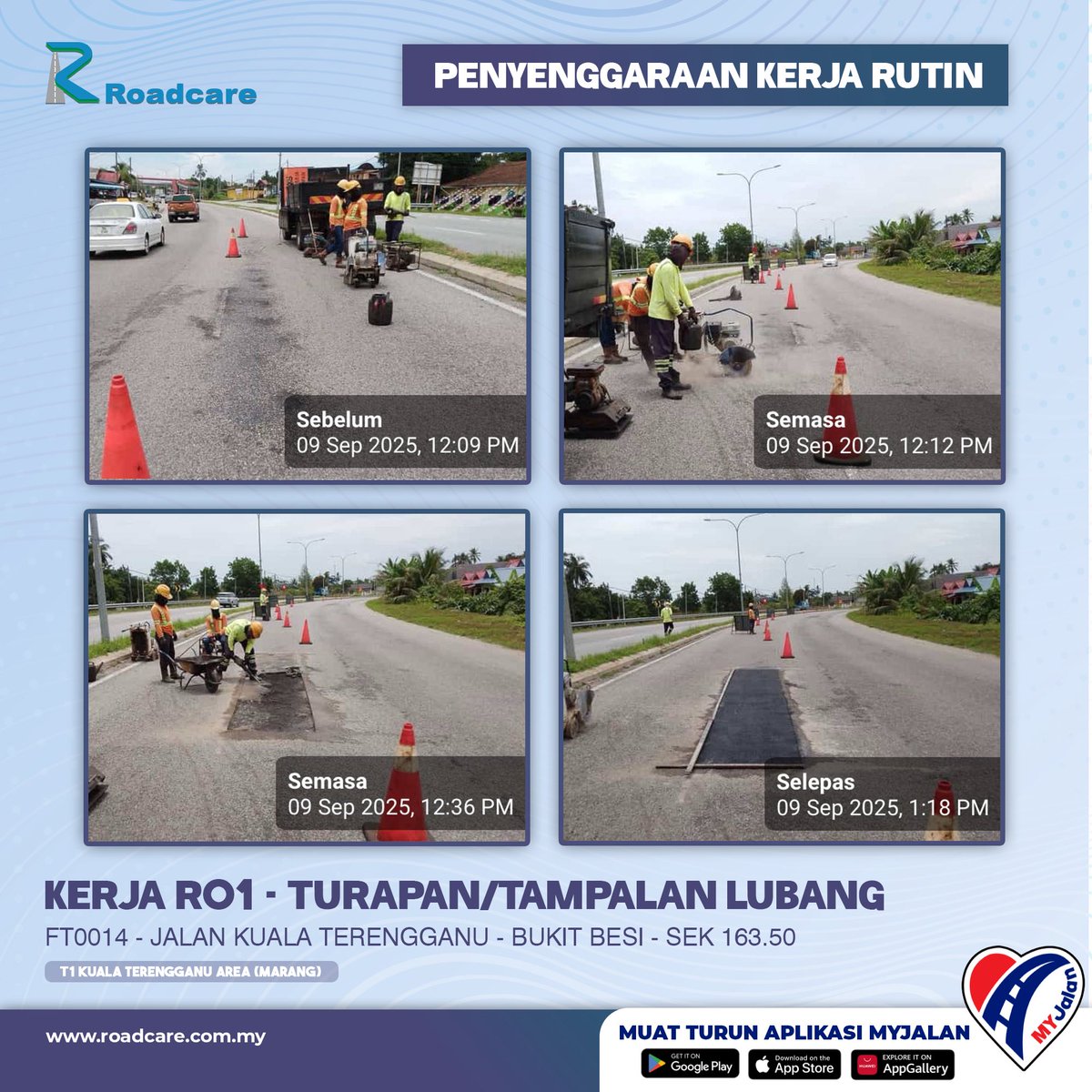 🚧 Kerja Penyenggaraan Rutin R01 - Turapan/Tampalan Lubang.

9 Sept | Kerja R01 di FT0014 Sek. 163.50 di daerah #Marang disenggarakan oleh #teamroadcare bagi keselamatan pengguna Jalan Persekutuan.

#InfoJKR 

@MOWorks <a href="/CSFJ_JKR/">Cawangan Senggara Fasiliti Jalan (CSFJ)</a> <a href="/JKRMarang/">JKR Marang</a> <a href="/Roadcare_HQ/">ROADCARE (M) SDN BHD</a>

📸;