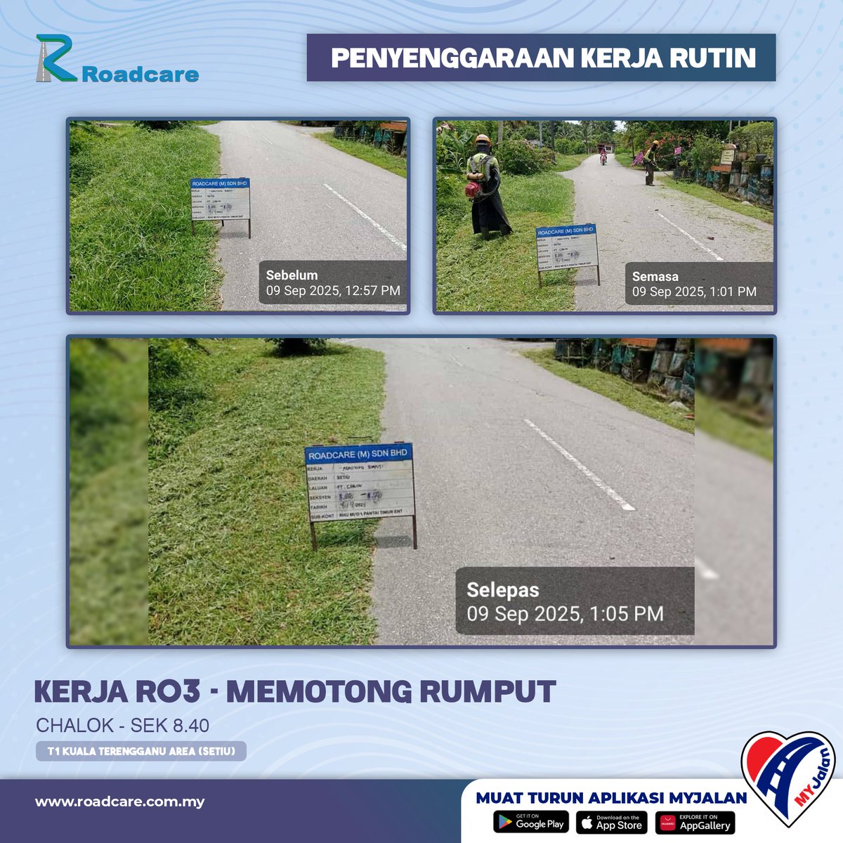 🚧 Kerja Penyenggaraan Rutin R03 - Memotong Rumput.

9 Sept | Kerja senggara R03 di Chalok Sek. 8.40 di daerah #Setiu disenggarakan oleh #teamroadcare bagi keselesaan pengguna Jalan Persekutuan.

#InfoJKR #InfoKKR

<a href="/moworksmy/">Kementerian Kerja Raya Malaysia</a> <a href="/CSFJ_JKR/">Cawangan Senggara Fasiliti Jalan (CSFJ)</a> <a href="/JKRSetiu/">Jabatan Kerja Raya Setiu</a> <a href="/Roadcare_HQ/">ROADCARE (M) SDN BHD</a>

📷;