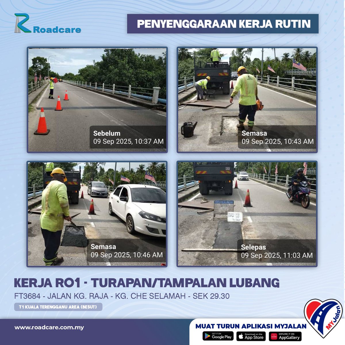 🚧 Kerja Penyenggaraan Rutin R01 - Turapan/Tampalan Lubang.

9 Sept | Kerja R01 di FT3684 Sek. 29.30 di daerah #Besut disenggarakan oleh #teamroadcare bagi keselamatan pengguna Jalan Persekutuan.

#InfoJKR #InfoKKR

<a href="/moworksmy/">Kementerian Kerja Raya Malaysia</a> <a href="/CSFJ_JKR/">Cawangan Senggara Fasiliti Jalan (CSFJ)</a> <a href="/Jkr_Besut_Jalan/">JKR Besut (Bahagian Jalan)</a> <a href="/Roadcare_HQ/">ROADCARE (M) SDN BHD</a> <a href="/jkrbesut/">JKR BESUT</a>

📷