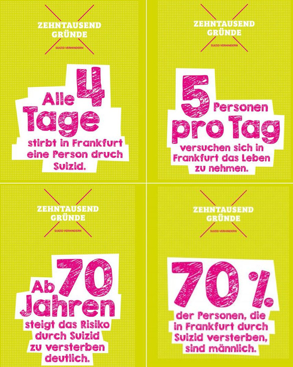 Schockierende Zahlen, die uns alle wachrütteln sollten, genau hinzuhören und hinzusehen – nicht nur heute, zum Welttag der Suizidprävention! 🫶🏻 🗣️

Mehr Infos zur Kampagne von FRANS, dem Frankfurter Netzwerk zur Suizidprävention 👉 frans-hilft.de/zehntausend-gr…