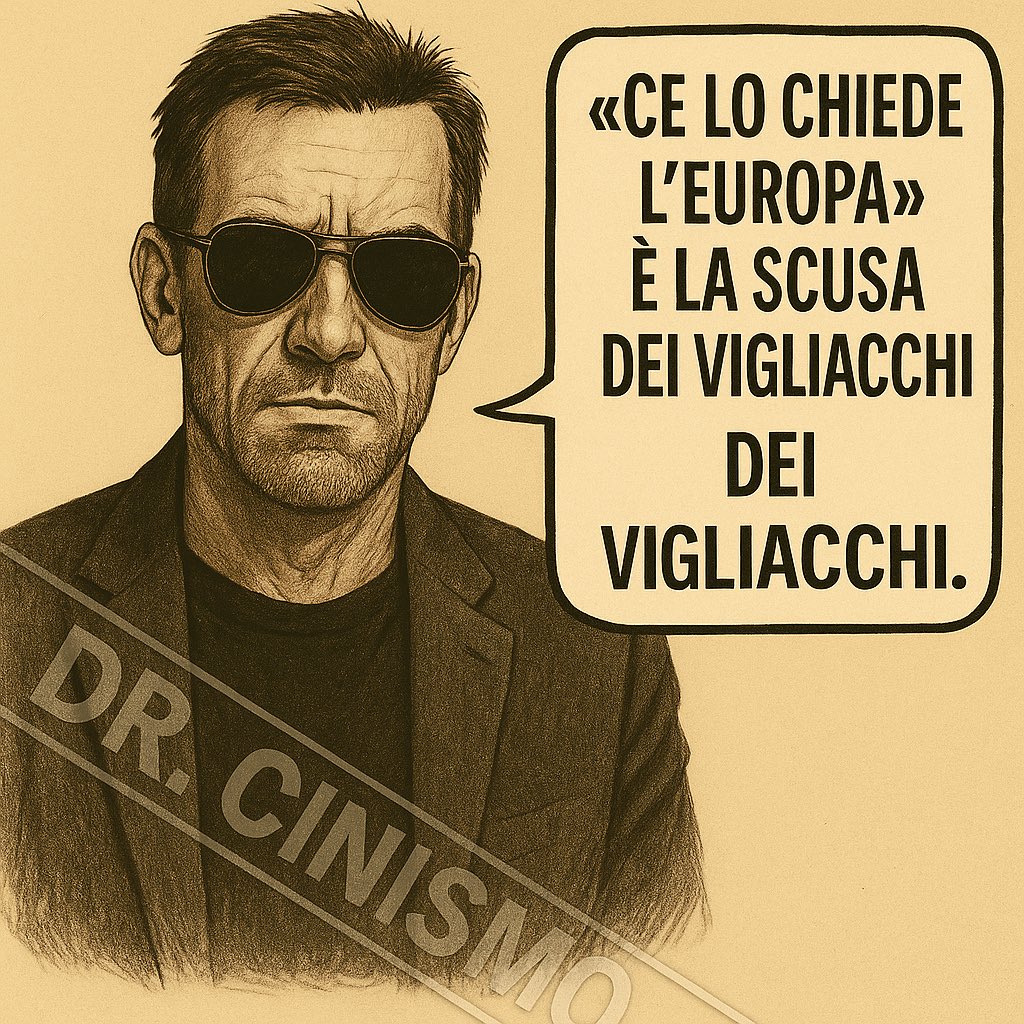 “Il vincolo esterno: la scusa perfetta dei politici vigliacchi”

© Dr. Cinismo – Tutti i diritti riservati.

Non è l’Europa che ci opprime.
Sono i nostri politici che l’hanno invocata come carceriera, per non sporcarsi le mani.

“Ce lo chiede l’Europa.”
È la frase con cui ci