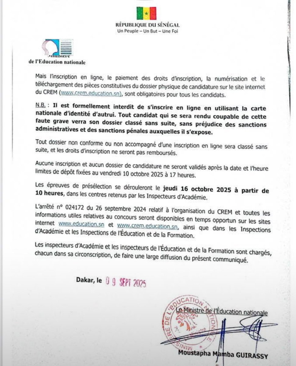 Concours de recrutement d’élèves-maîtres (CREM) 2025 - Les inscriptions démarrent aujourd’hui. 
La qualité de l’enseignement pour une meilleure école du Sénégal 🇸🇳. 
<a href="/SonkoOfficiel/">Ousmane Sonko</a> 
<a href="/M_M_Guirassy/">Moustapha Mamba Guirassy</a> 
<a href="/Noo_IDcard/">Momar Assane</a> 
<a href="/Nabyleu/">PunchTchineur 📜🫖</a> 
<a href="/TontonVert/">🇸🇳Abdou Touré🏆⭐️</a> 
<a href="/Niintche/">Mamadou Diakhaté</a> 
<a href="/Afterpro/">Diop Ousmane</a>