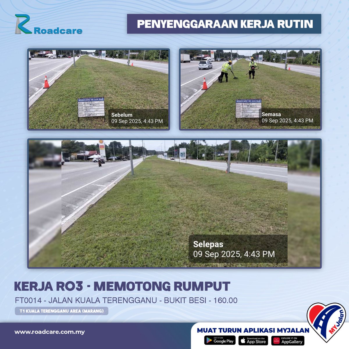 🚧 Kerja Penyenggaraan Rutin R03 - Memotong Rumput.

9 Sept | Kerja senggara R03 di FT0014 Sek. 160.00 di daerah #Marang disenggarakan oleh #teamroadcare bagi keselesaan pengguna Jalan Persekutuan.

#InfoJKR #InfoKKR

<a href="/moworksmy/">Kementerian Kerja Raya Malaysia</a> <a href="/CSFJ_JKR/">Cawangan Senggara Fasiliti Jalan (CSFJ)</a> @jkrmarang <a href="/JKRTerengganu/">JKR Terengganu</a> <a href="/Roadcare_HQ/">ROADCARE (M) SDN BHD</a>