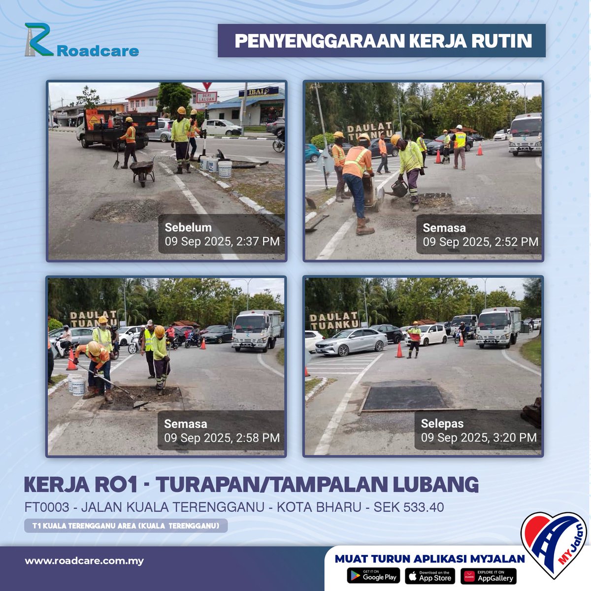 🚧 Kerja Penyenggaraan Rutin R01 - Turapan/Tampalan Lubang.

9 Sept | Kerja R01 di FT0003 Sek. 533.40 di daerah #KualaTerengganu disenggarakan oleh #teamroadcare bagi keselamatan pengguna Jalan Persekutuan.

#InfoJKR #InfoKKR

<a href="/CSFJ_JKR/">Cawangan Senggara Fasiliti Jalan (CSFJ)</a> <a href="/JKR_KT/">JKR Kuala Terengganu</a> <a href="/bhgjalan_jkrtrg/">BAHAGIAN JALAN JKR TERENGGANU</a> <a href="/Roadcare_HQ/">ROADCARE (M) SDN BHD</a> 

📷: