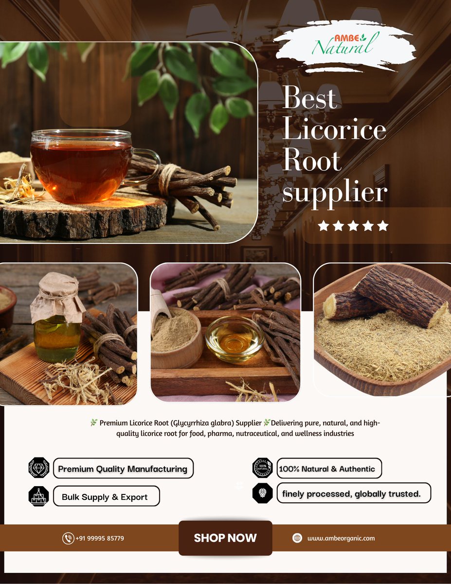 Ambenatural1's tweet image. Premium Licorice Root (Glycyrrhiza glabra) Supplier 🌿
Delivering pure, natural &amp;amp; high-quality licorice root trusted by the food, pharma, nutraceutical &amp;amp; wellness industries worldwide. 🌍✨

#LicoriceRoot #HerbalSupplier #AyurvedicHerbs #NaturalWellness #AmbeOrganic