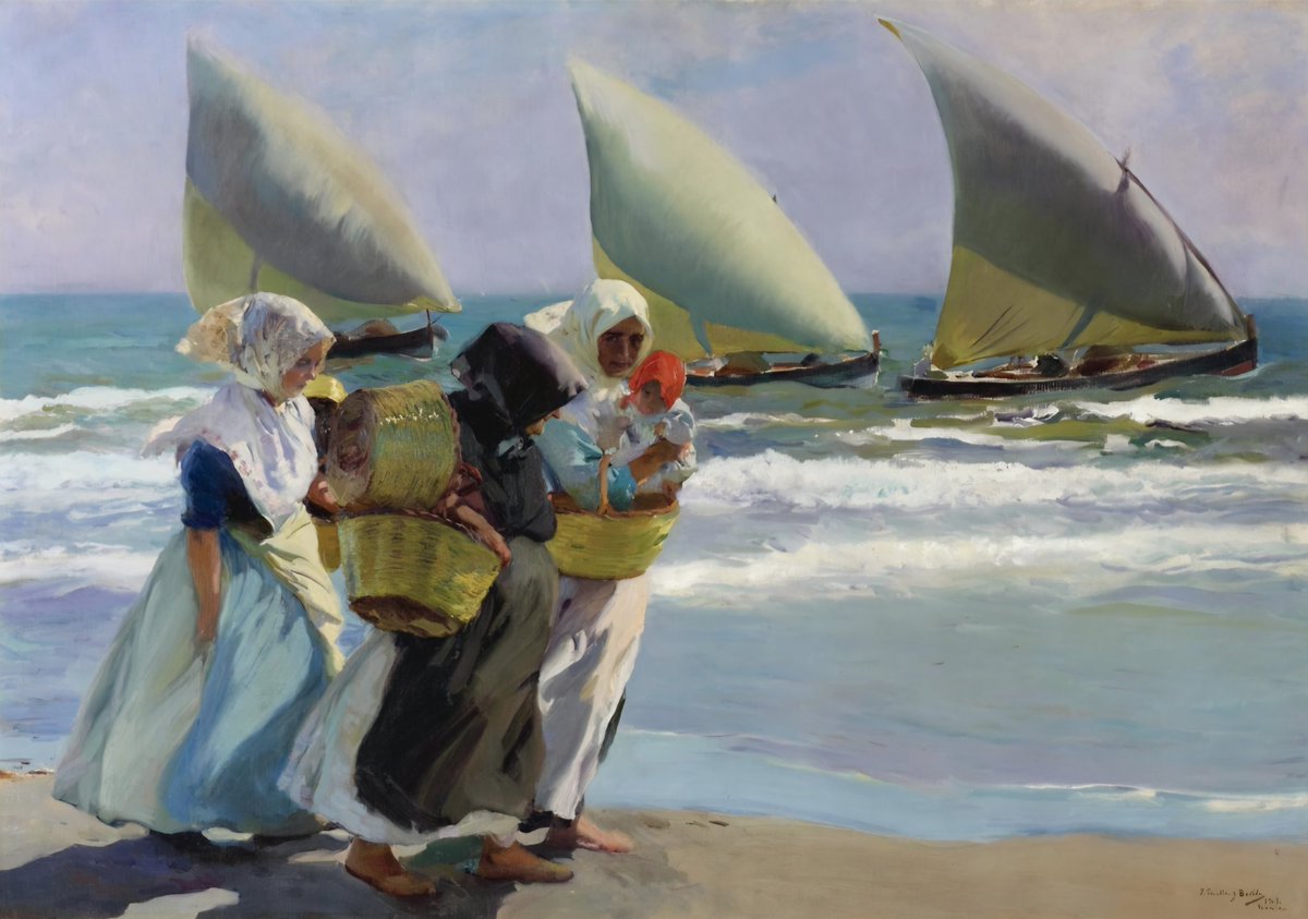 Sorolla painted 'The Sails,' on the beach of El Cabañal during the summer of 1903 - it is one of the most luminously eloquent of his many images of the fisherwomen of his native Valencia.