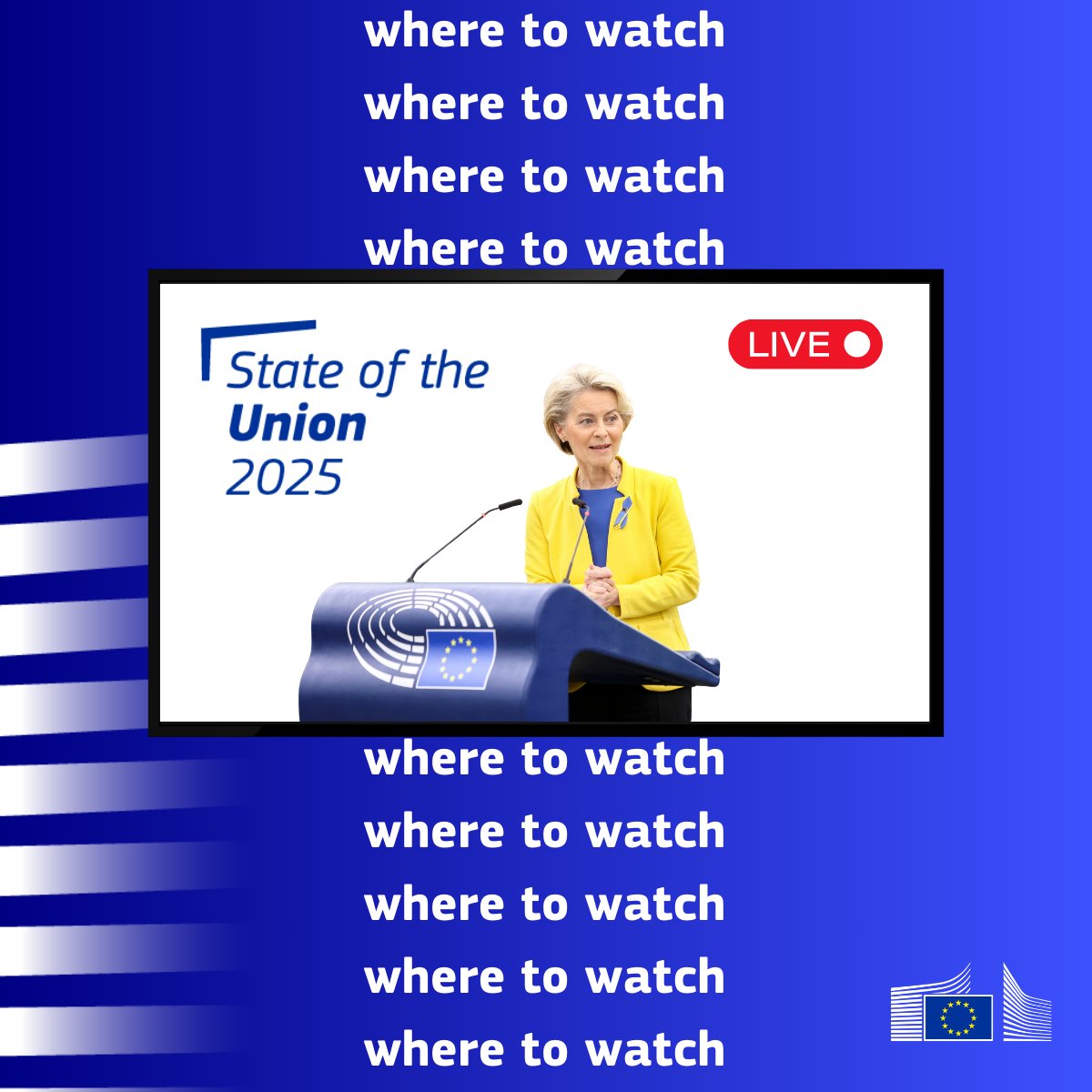 #SOTEU is live now. 📺

Watch it where you want.

Facebook: 
facebook.com/EuropeanCommis… 

X: 
x.com/eu_commission 

LinkedIn: 
linkedin.com/company/europe…

YouTube: 
youtube.com/eutube

European Union Broadcasting Service: audiovisual.ec.europa.eu