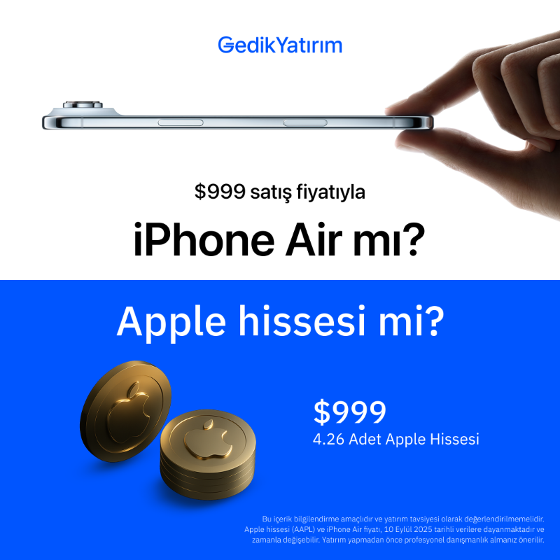 gedikyatirim's tweet photo. iPhone Air vs Apple Hissesi

Apple'ın yeni duyurduğu iPhone Air’in 999$ fiyatıyla toplam 4 Apple hissesi almak mümkün. 

Peki sizce hangisi daha iyi bir yatırım: 
iPhone Air mi, yoksa 4 Apple hissesi mi?

Yorumlarınızı bekliyoruz. 👇

Geleceğine yatırım yapmaya bugün başla.