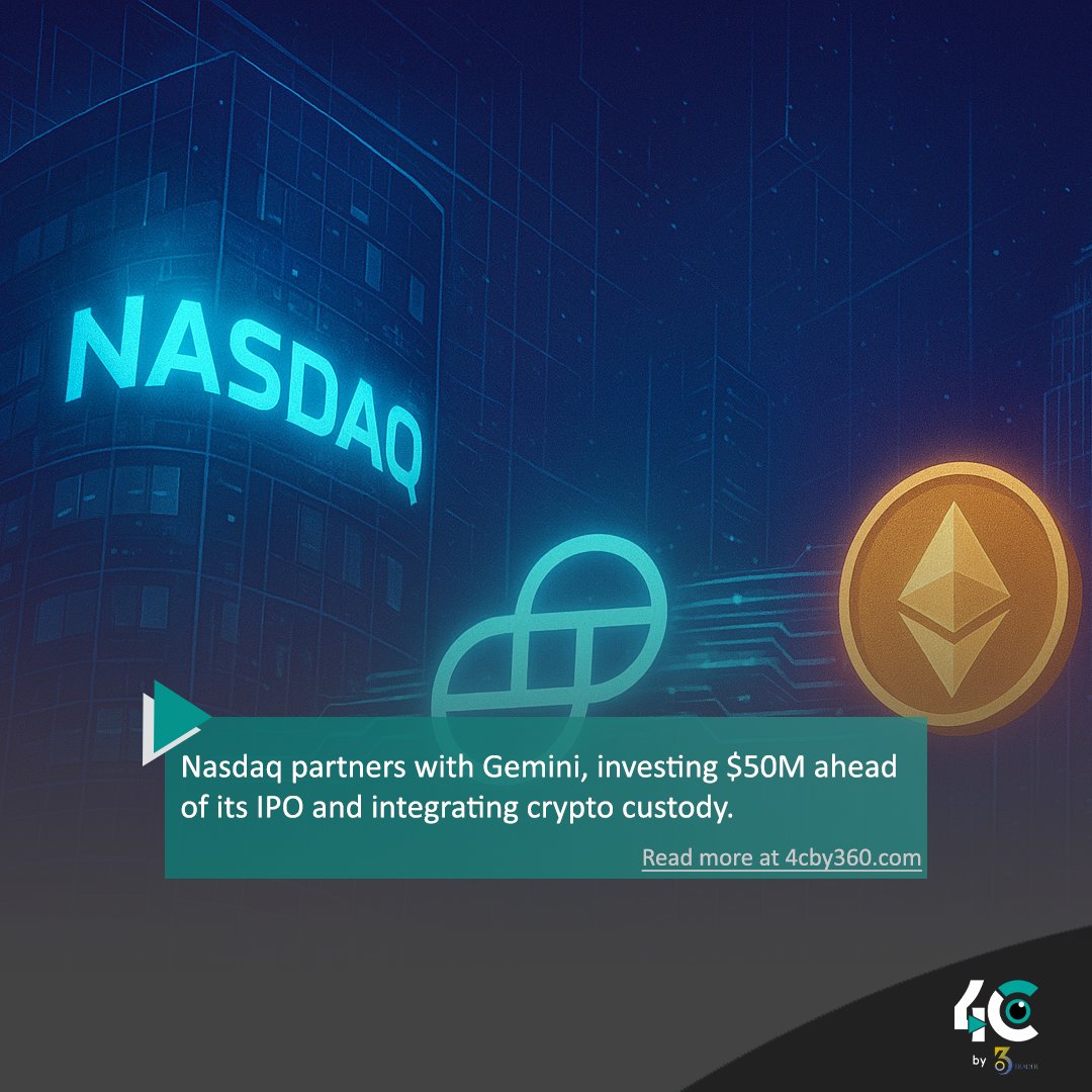 4cby360's tweet image. 💼 Nasdaq partners with Gemini, investing $50M ahead of its IPO and integrating crypto custody.
Wall Street + Crypto = 🚀

#Nasdaq #Gemini #CryptoCustody #CryptoIPO #DigitalAssets #CryptoAdoption #CryptoMarkets #Blockchain #Web3Finance #4cby360