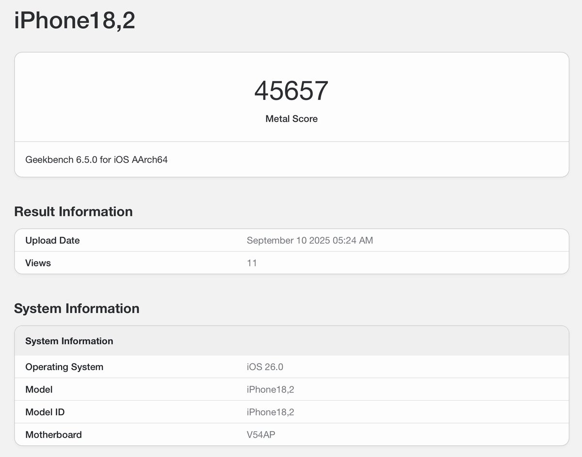 BREAKING: The iPhone 17 Pro's graphics performance has LEAKED and it's INSANE!

New A19 Pro chip: 45,657
A18 Pro chip: 32,673
M2 chip: 45,862

Can you believe it matches the performance of the M2 chip in the iPad Pro? 🤯

Found by <a href="/jimmyjames_tech/">🦊</a>