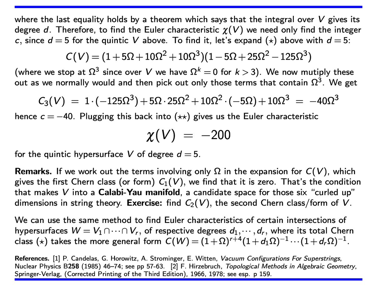 SamuelGWalters's tweet photo. Using the Gauss-Bonnet theorem for complex manifolds and the theory of Chern classes we can compute the Euler characteristic of some nontrivial spaces. We work this out here for the quintic hypersurface for illustration. #math #topology #geometry #calculus https://t.co/M0H1Bm3Cci