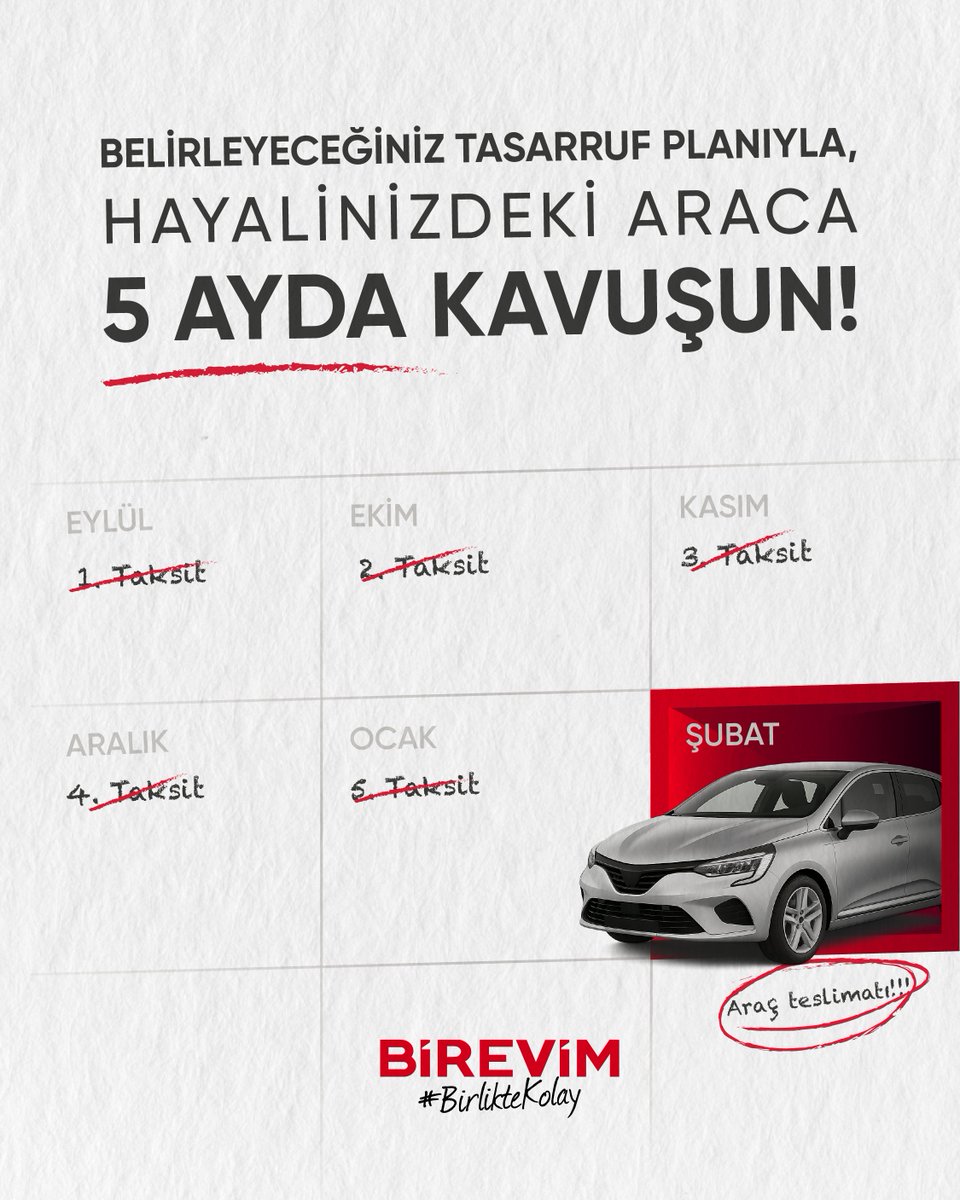 Eylül ayında yapacağınız tasarruf planıyla, 5 ay sonra yeni aracınıza kavuşma fırsatı Birevim şubelerinde sizleri bekliyor.

Faizsiz, kredisiz, ek masraf olmadan, Eylül ayına özel güncel kampanyalarımızdan ve avantajlı finansman fırsatlarından faydalanmak için siz de Birevim’e