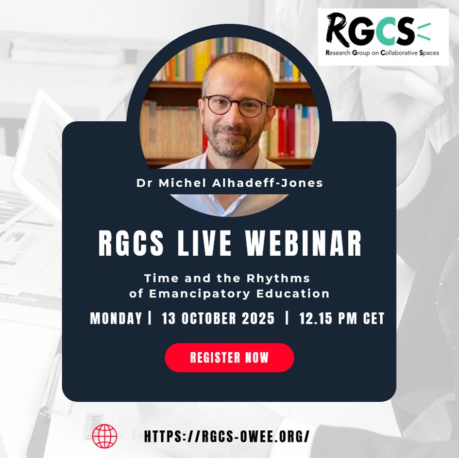 collspaces's tweet image. 👋Do not miss the next RGCS open seminar about "Time and rythms of emancipatory education" with Michel Alhadeff-Jones on 13 October at 12.15 PM CET. For more information: collaborativespaces@gmail.com